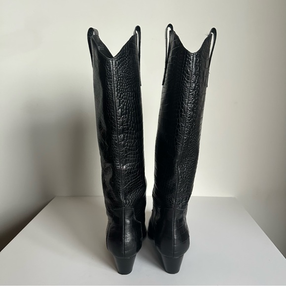 Black Leather Croc-Embossed Knee-High Boots Metal Toe Cap EU 39/ US 8.5-9 - Picture 14 of 16